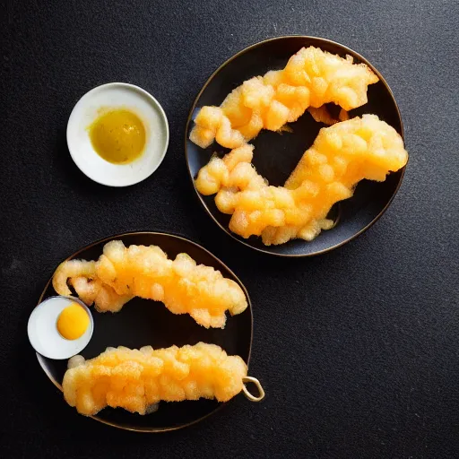 Prompt: shrimp tempura set coated entirely in gold, 100mm food photography