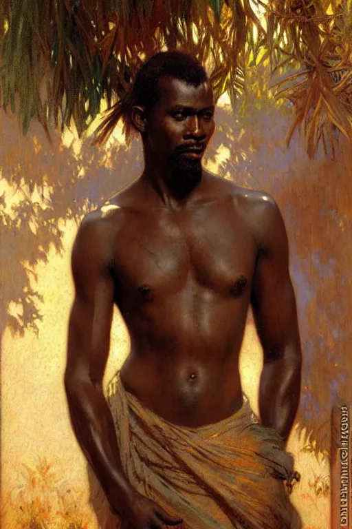 Prompt: attractive african man, painting by gaston bussiere, craig mullins, greg rutkowski, alphonse mucha