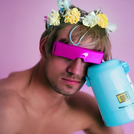 Image similar to close up kodak portra 4 0 0 portrait photograph of a skinny guy with blonde hair laying in a tub of milk, aerial view, wearing cyber goggles, flower crown, moody lighting, telephoto, 9 0 s vibe, blurry background, vaporwave colors, faded!,