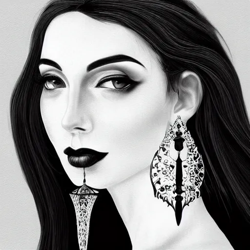 Prompt: digital art painting portrait of elegant gothic lady with earrings, black and white, hard edges, high quality, textured, by caestrad, cell shading, dark background, mystic, goddess, perfect lighting, high contrast, arstation, artgerm, wlop, 8 k, lightrays