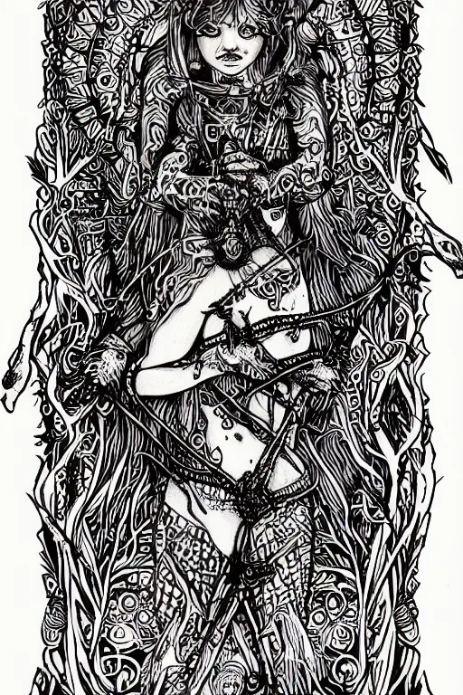 Image similar to marisa kirisame, intricate, amazing line work, colorful, tarot cards, the devil tarot card