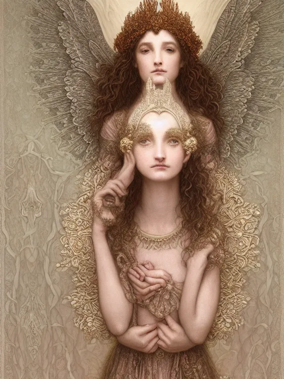 Prompt: Gustave dore beautiful maiden ivory mask intricate ornate wings fractal-lace iridescent-gemstone wearing ivory rococo dress, full view, soft lighting, Hyperdetailed, 4k hd matte painting by Artgerm, Kelly McKernan, Marc Simonetti, Mucha, Klimt, Moebius, James Jean, Irina Istratova, 8k resolution, enchanting and otherworldly, Artstation, CGsociety, detailed, front view