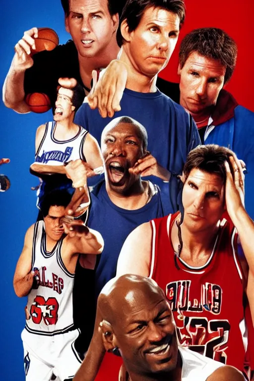 Prompt: 2000s comedy movie poster featuring Michael Jordan, Adam Sandler, Will Ferrell and Tom Cruise, imdb top 5 movies, trending on letterboxd, high detail, realistic, 8k resolution