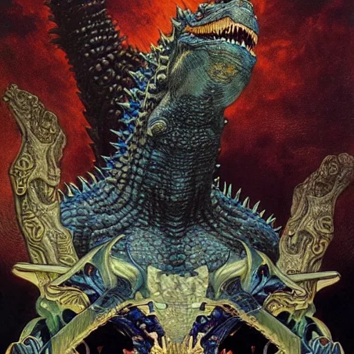 Image similar to portrait of godzilla made with porcelain by Jeff Easley and Peter Elson + beautiful eyes, beautiful face + symmetry face + border and embellishments inspiried by alphonse mucha, fractals in the background, galaxy + baroque, gothic, surreal + highly detailed, intricate complexity, epic composition, magical atmosphere + masterpiece, award winning + trending on artstation