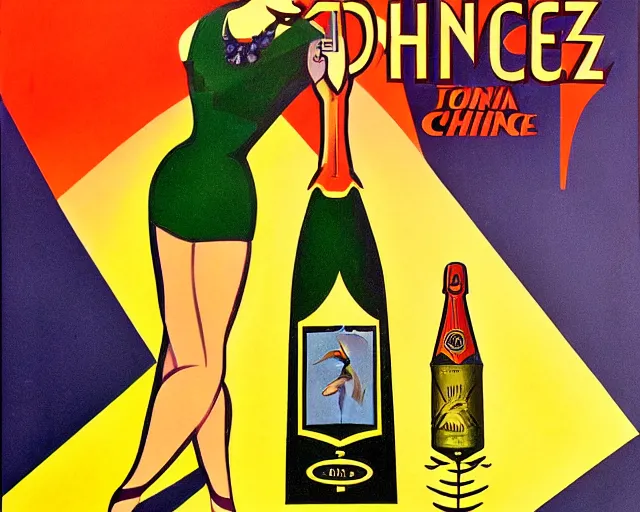 Prompt: art deco tin poster, dancer, melchizedek champagne bottle. cheerful, bright