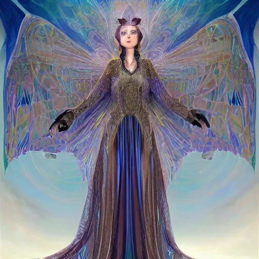 Image similar to a beautiful symmetrical plus size woman full body wearing algerian kaftan with translucent wings by alex gray and android jones , Karol Bak, Ayami Kojima, Amano , concept art, character design, fantasy,3D, 8k resolution