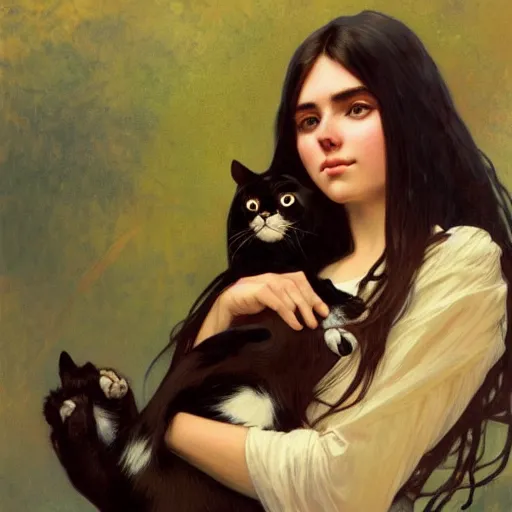 Prompt: girl with long dark hair thick eyebrows and dark eyes, she is holding a cat in her arms, by juan villafuerte, greg rutkowski and alphonse mucha, pexels contest winner, high quality photo, rtx, hd