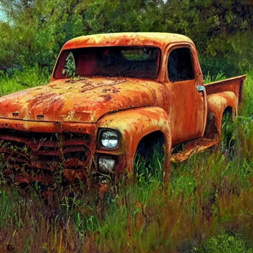 Prompt: Realistic impressionist painting of an old rusty pickup truck overrun by kudzu