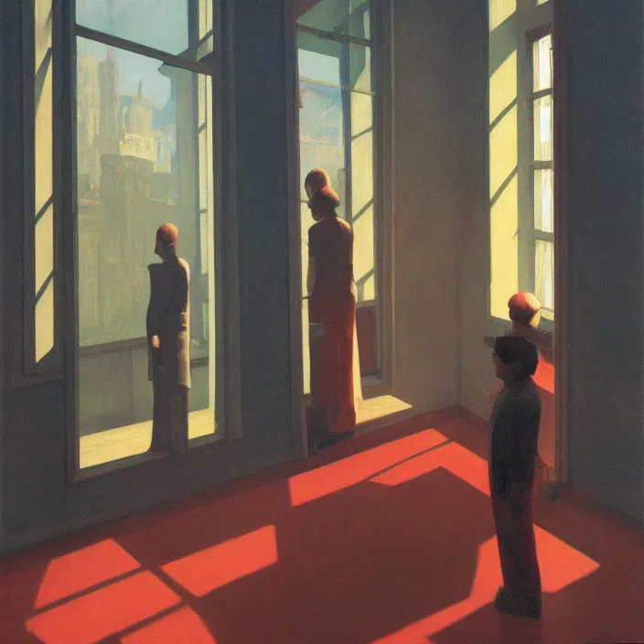 Image similar to wide angle, people inside flooded museum looking through the window Edward Hopper and James Gilleard, Zdzislaw Beksinski, highly detailed