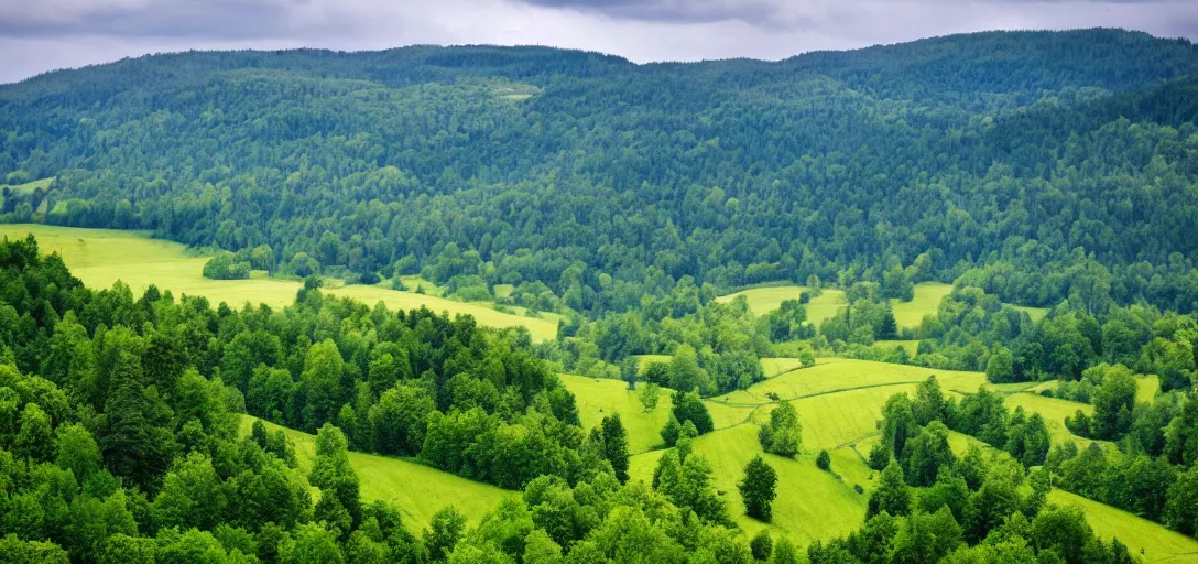 Image similar to The landscape of a green hilly forest somewhere in Germany, a country road is visible, through which a deer runs, ultra detailed