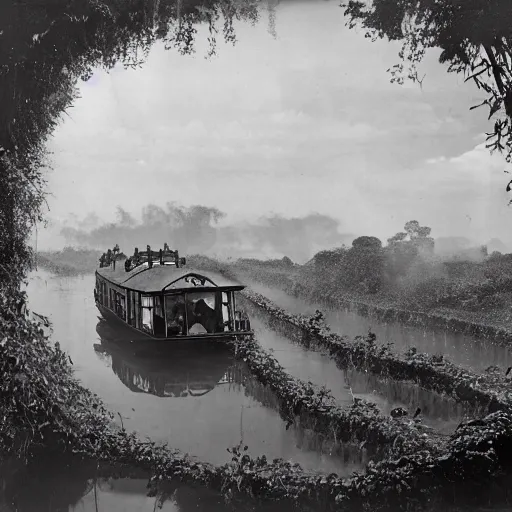 Prompt: A steam wheeler from 1880s, completely overgrown with vines, vegetation and flowers, gently floating down the Amazon river. Photorealistic. Cinematography by Stanley Kubrick