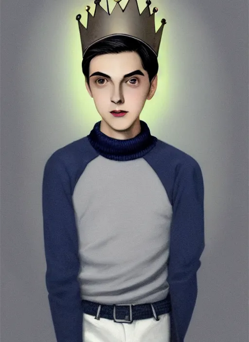 Image similar to portrait of teenage jughead jones wearing a light grey crown, crown, blue turtleneck, 1 9 5 0 s, closed eyes, photorealistic, black hair, glowing lighting, intricate, elegant, glowing lights, highly detailed, digital painting, artstation, concept art, smooth, sharp focus, illustration, art by wlop, mars ravelo and greg rutkowski