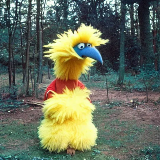 Prompt: big bird from Sesame Street camping in the woods, 1960s color photograph