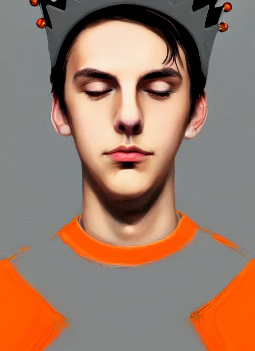 Image similar to portrait of teenage jughead jones wearing a light grey crown, crown, hamburger background, eyes closed, crown, black hair, orange, intricate, elegant, glowing lights, warm lighting, highly detailed, digital painting, artstation, concept art, smooth, sharp focus, illustration, art by wlop, mars ravelo and greg rutkowski