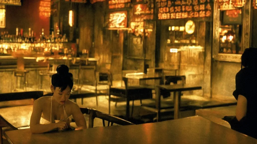 Image similar to Chun-Li sits alone in an empty bar, 35mm film, wide shot, dramatic lighting, chiaroscuro, by Michael Mann, Wong Kar-wai, Tsai Ming-liang