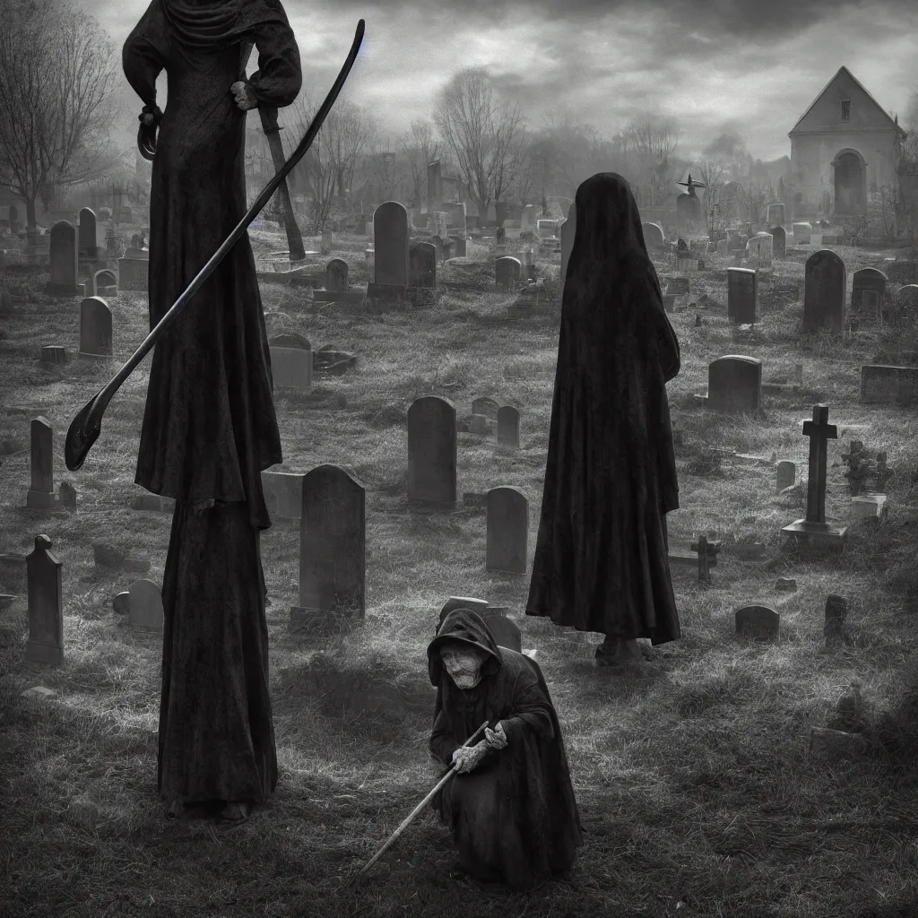 Prompt: old lady in the graveyard with a scythe, central composition, dark and mysterious, atmospheric, ominous, eerie, cinematic, 4k, ultra detail, ultra realistic