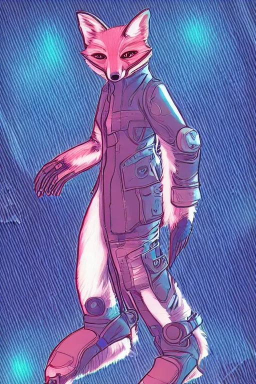 Prompt: a detailed illustration of a cyberpunk anthropomorphic fox with a fluffy tail!!!, comic book style, trending on furaffinity, cartoon, kawaii, backlighting