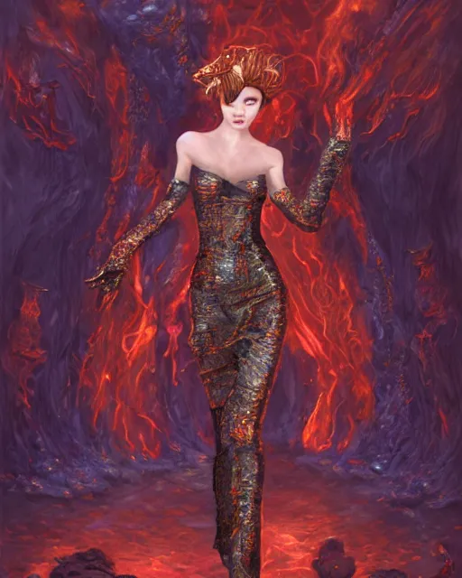 Image similar to Girl at a fashion show in hell, fire, lava, intricate, elegant, highly detailed, digital painting, artstation, concept art, smooth, sharp focus, illustration, Designer clothes, futuristic clothes, voge photo, fashion style, fullbody, in full growth, Clear facial features, photorealistic, high resolution, highly detailed, details, good clear quality, art by Zdzisław Beksiński