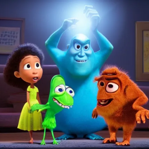 Image similar to pixar movie, a family in cult robes with an evil monstrous demonic creature, ray tracing lighting, ultra - sharp, photorealistic