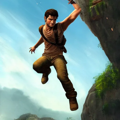 Prompt: young nathan drake jumping off a cliff, highly detailed