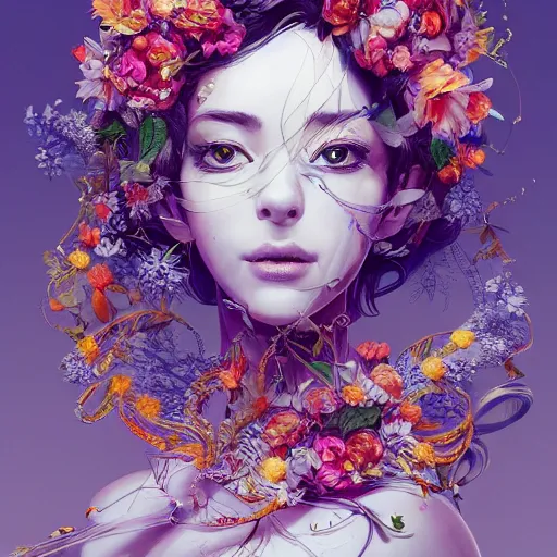 Image similar to the portrait of an absurdly beautiful, graceful, elegant, chaste woman made of petals looking up, an ultrafine detailed illustration by kim jung gi, irakli nadar, intricate linework, bright colors, octopath traveler, final fantasy, angular, unreal engine 5 highly rendered, global illumination, radiant light, detailed and intricate environment