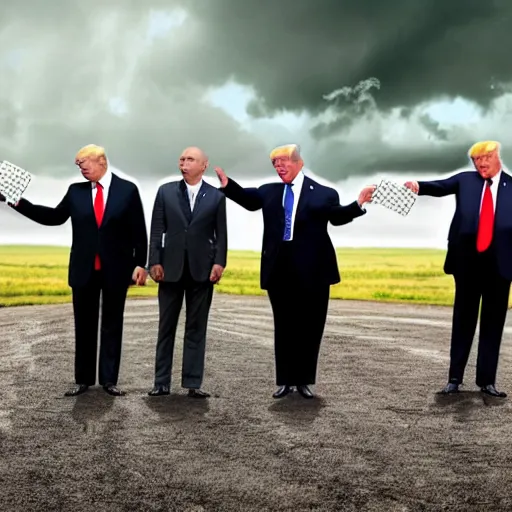 Prompt: boris johnson, vladimir putin and donald trump holding hands, raining dollars, oil field background, 4 k, dslr photo, realistic, accurate