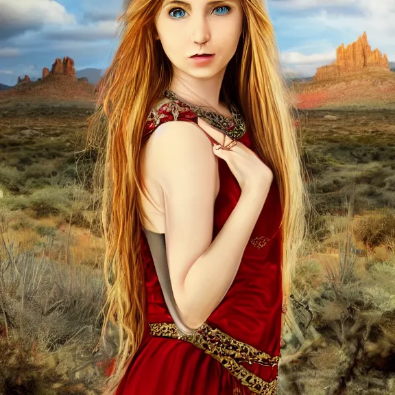 Image similar to Portrait of a young half elven woman with a beautiful red dress, lots of jewelry, Blonde long hair. freckels in hee face. Desert Hills in the background. Sharp Image. Detailed digital art.