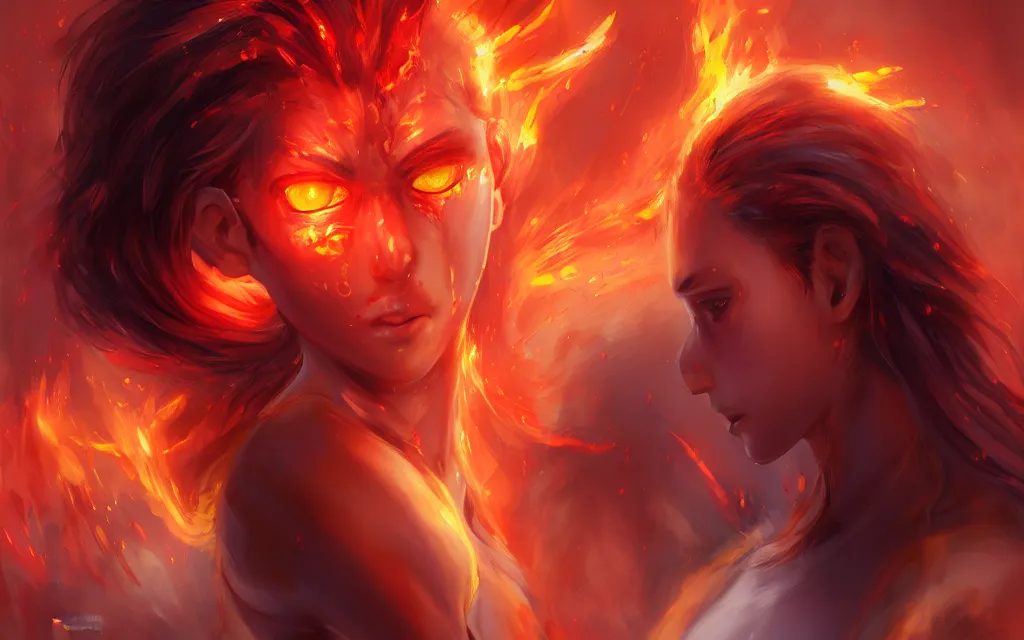 Image similar to A realistic anime portrait of a beautiful fire spirit twins with glowing red eyes and firey skin wearing clothes made of flames, digital painting, by Stanley Artgerm Lau, Sakimichan, WLOP and Rossdraws, digtial painting, trending on ArtStation, SFW version