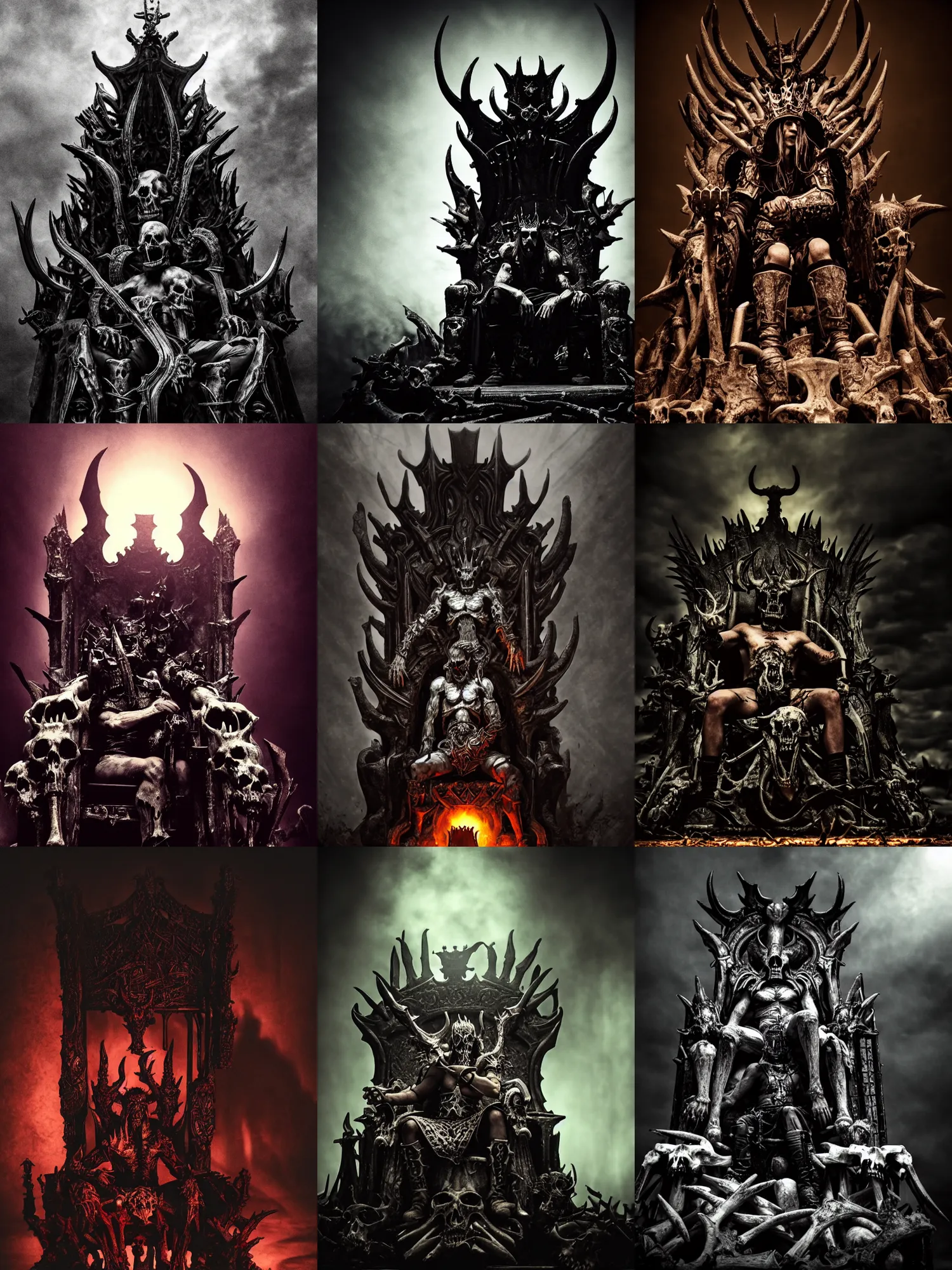 Prompt: unkillable demon king on a throne of bones, gothic, moody lighting