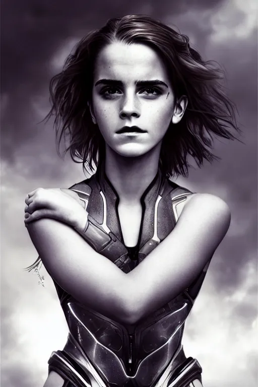 Image similar to emma watson closeup portrait futuristic fractal fightsuit bustier gaston bussiere craig mullins j. c. leyendecker short wet hair richard avedon peter lindbergh monochrome studio lighting