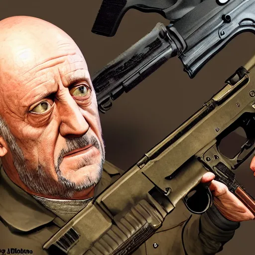 Image similar to Mike Ehrmantraut holding a rifle in GTA V, cover art by stephen bliss, highly detailed, 4k