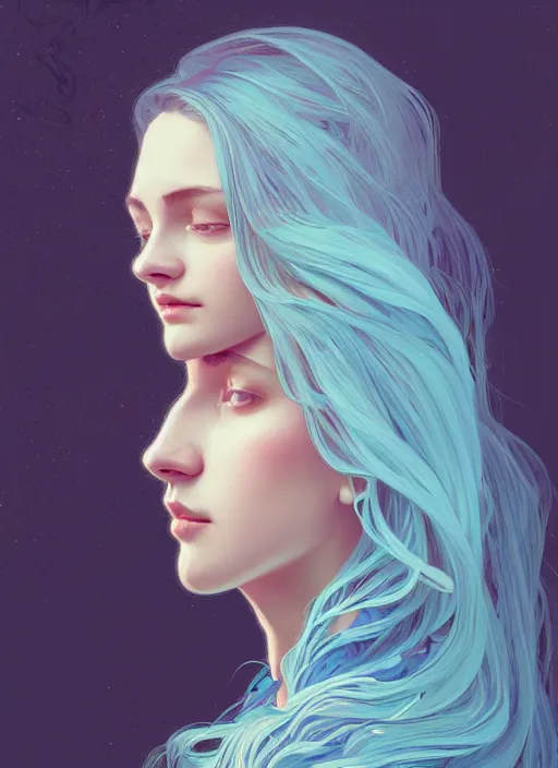 Prompt: handsome young women with shoulder length light blue hair, half body shot, path traced, highly detailed, high quality, digital painting, alena aenami, lilia alvarado, shinji aramaki, karol bak, alphonse mucha, tom bagshaw