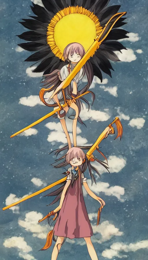 Image similar to the being death as a cute anime girl with a giant cute sun flower scythe from a studio ghibli film inspired by the death tarot card