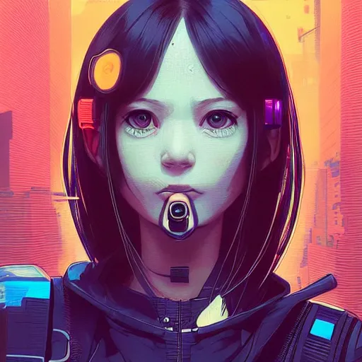 Image similar to A potrait of a cyberpunk cyborg girl with a cat in her shoulder, the girl has big and cute eyes, fine-face, realistic shaded perfect face, fine details. Very anime style. Realistic shaded lighting poster by Ilya Kuvshinov katsuhiro, magali villeneuve, artgerm, Jeremy Lipkin and Michael Garmash, Rob Rey and Kentarõ Miura style, trending on art station