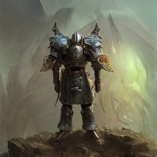 Image similar to a full metal paladin in the style of peter andrew jones and tom bagshaw, heavy metal album cover, fantasy warrior, standing before ancient ruins