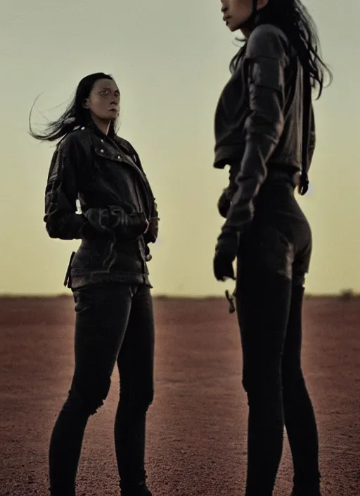 Prompt: cinestill 5 0 d photographic portrait of two loving female androids wearing rugged black techwear on a desolate plain with a red sky, extreme closeup, lizard on ground, cyberpunk style, in front of a brutalist dark metal facility, dust storm, 3 5 mm, f / 3 2, ultra realistic faces, 8 k, hd, high resolution