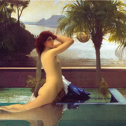 Prompt: Floating palace, moon reflecting on the water, thunderstorm, greek pool, beach and Tropical vegetation on the background major arcana sky, by paul delaroche, alphonse mucha and arnold böcklin, hyperrealistic 8k, award-winning, very very very detailed