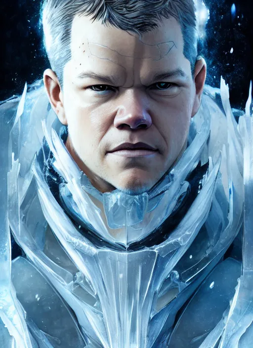 Prompt: character design by james jean, jakub rebelka, tran nguyen, yoann lossel, wadim kashin ( ( ( portrait of matt damon as ice man from xmen ) ) ) emerging from a frozen temple, sharp edges. ultra clear detailed. 8 k. ultra detailed, majestic, intricate