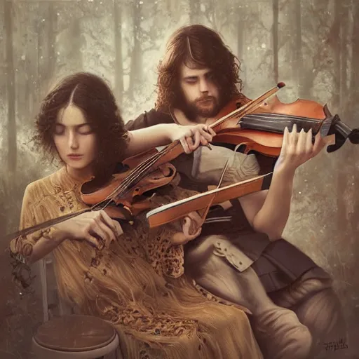 Prompt: ultra realist soft painting of folk musicians playing fiddle, mandolin, acoustic guitar, symmetry accurate features, very intricate details, focus, artstyle Hiraku Tanaka and Tom Bagshaw, award winning