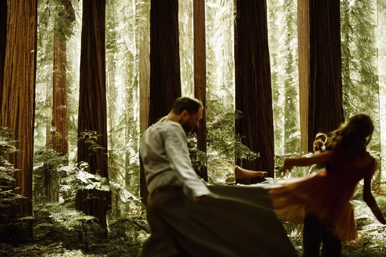 Image similar to cinematography closeup portrait of couple dancing in the redwood forest, thin flowing fabric, natural light by Emmanuel Lubezki