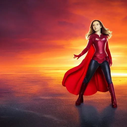 Image similar to Natalie Portman as scarlet witch from MCU, highly detailed, 8K HDR, sunset.