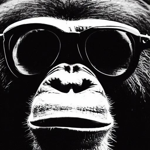 Prompt: high quality 8 k movie still of a smiling and arrogantly chill looking chimpanzee wearing very cool dark sunglasses, highly detailed, cinematic composition, 1 9 8 0 s retro hippie vintage hipster art, profile photography, leon the professional poster