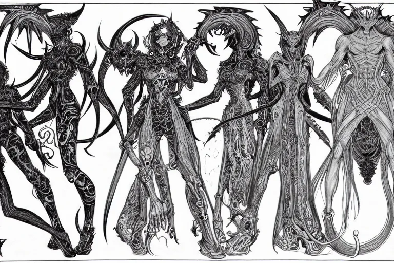 Prompt: study of a group of demons, character design sheet with intricate linework, in the style of moebius, ayami kojima, 9 0's anime, retro fantasy