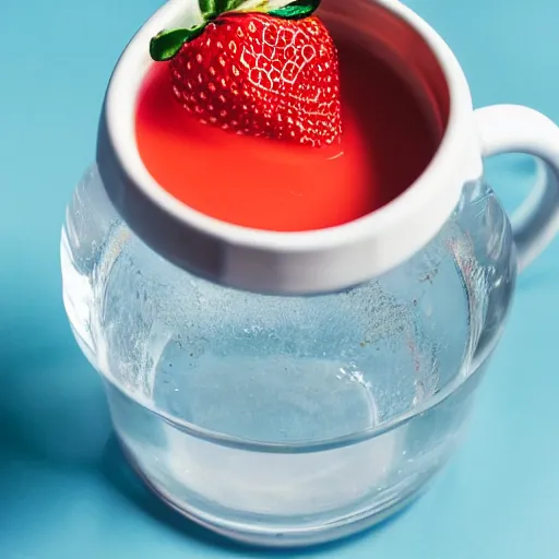 Prompt: a strawberry shaped mug floating in water