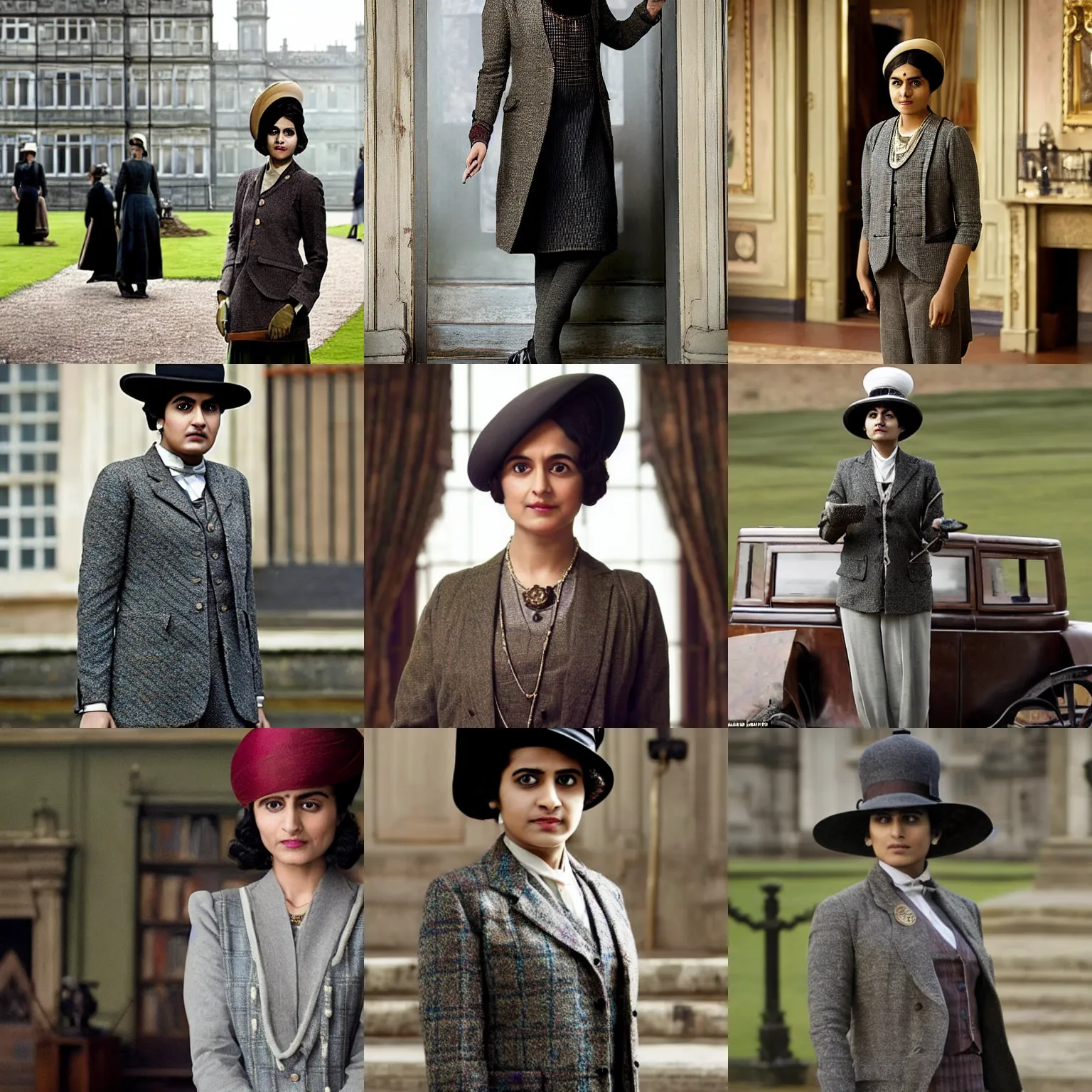 Prompt: TV still, a young Indian woman wearing a tweed jacket and grey trousers, and a flat-top hat, from the tv show Downton Abbey (2010)