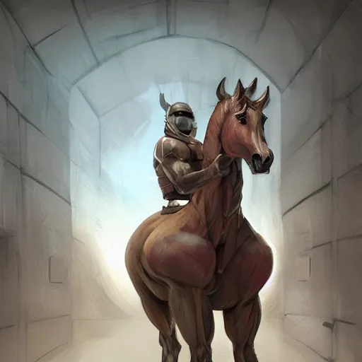 Prompt: a musclebound anthropomorphized horse with mountainous, bulging muscles, wearing a tight kevlar battle outfit in a corridor of a facility, equine, anthro art, furaffinity, highly detailed, digital painting, artstation, sharp focus, game art, concept art, illustration, art by artgerm, greg rutkowski, wlop