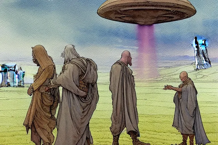 Image similar to a realistic and atmospheric watercolour fantasy concept art of one dirty medieval monk in grey robes pointing up at a ufo in the sky above stonehenge. muted colors. by rebecca guay, michael kaluta, charles vess and jean moebius giraud