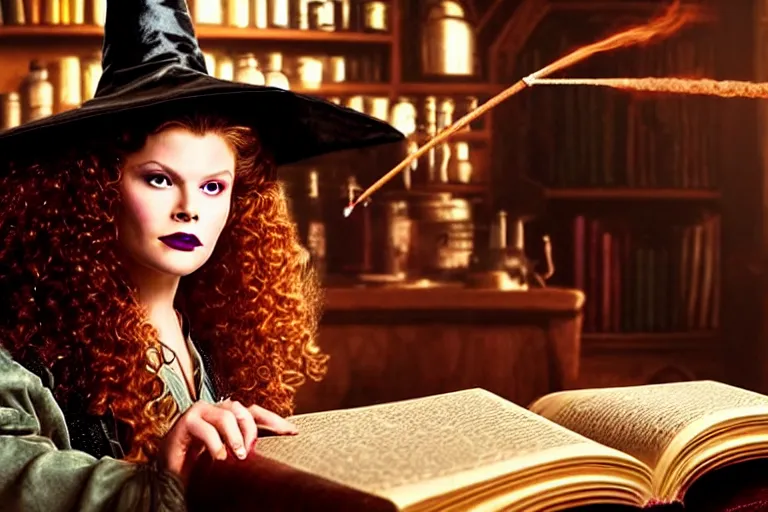 Image similar to hclose up portrait, dramatic lighting, teen witch calmly pointing a magic wand casting a spell over a large open book on a table with, curly hair, cat on the table in front of her, sage smoke, a witch hat cloak, apothecary shelves in the background, still from the movie hook