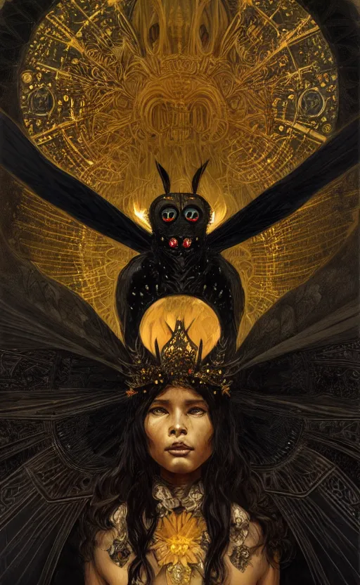 Image similar to a detailed portrait of a black mothman, wearing a golden crown, concept art, deep focus, intricate, highly detailed, digital painting, artstation, matte, sharp focus, illustration, art by greg rutkowski and alphonse mucha