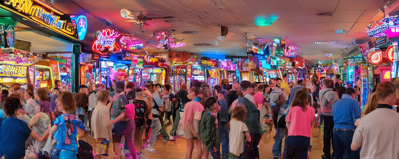 Image similar to A photograph from the 80's of a busy arcade, XF IQ4, 150MP, 50mm, F1.4, ISO 200, 1/160s, natural light